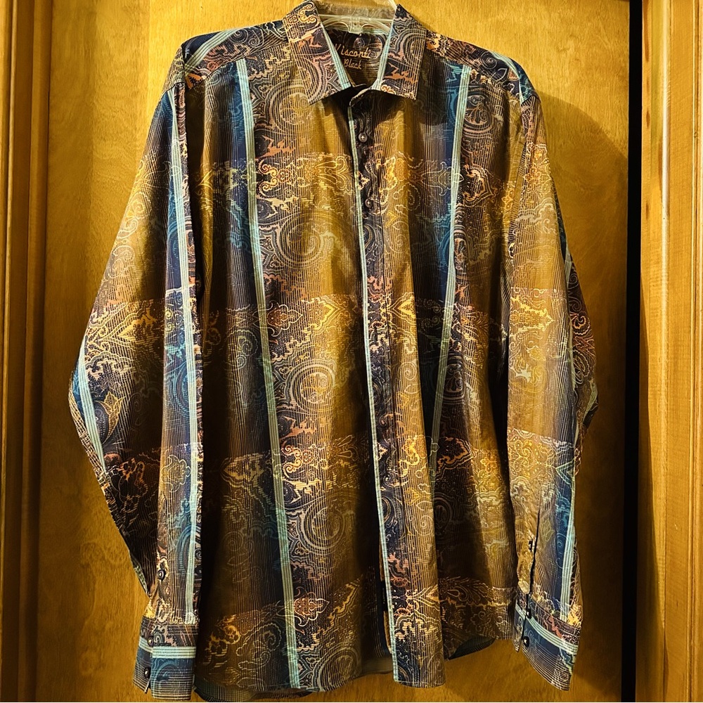 Visconti Black long sleeve men’s shirt. Gold, Blue & Brown size XL
